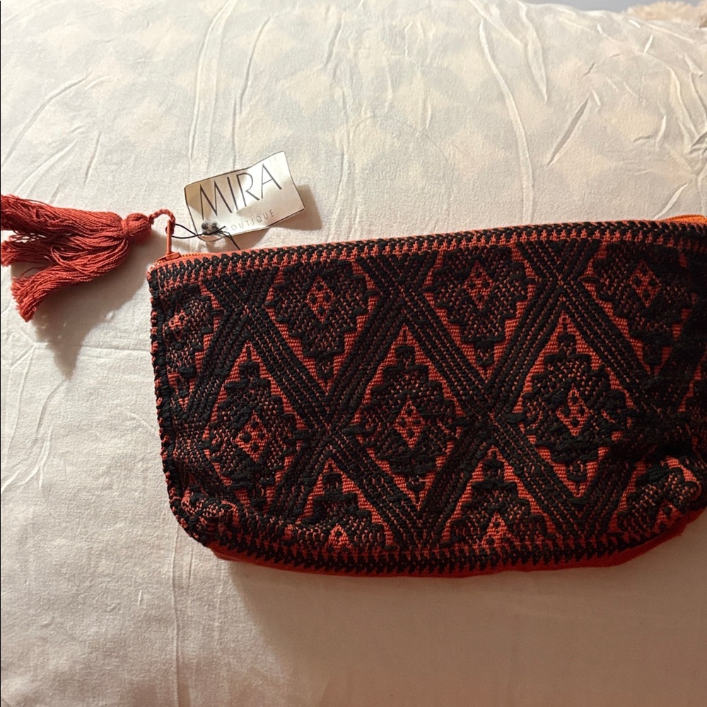 Mira Boutique Black and Rust embroidered pouch
